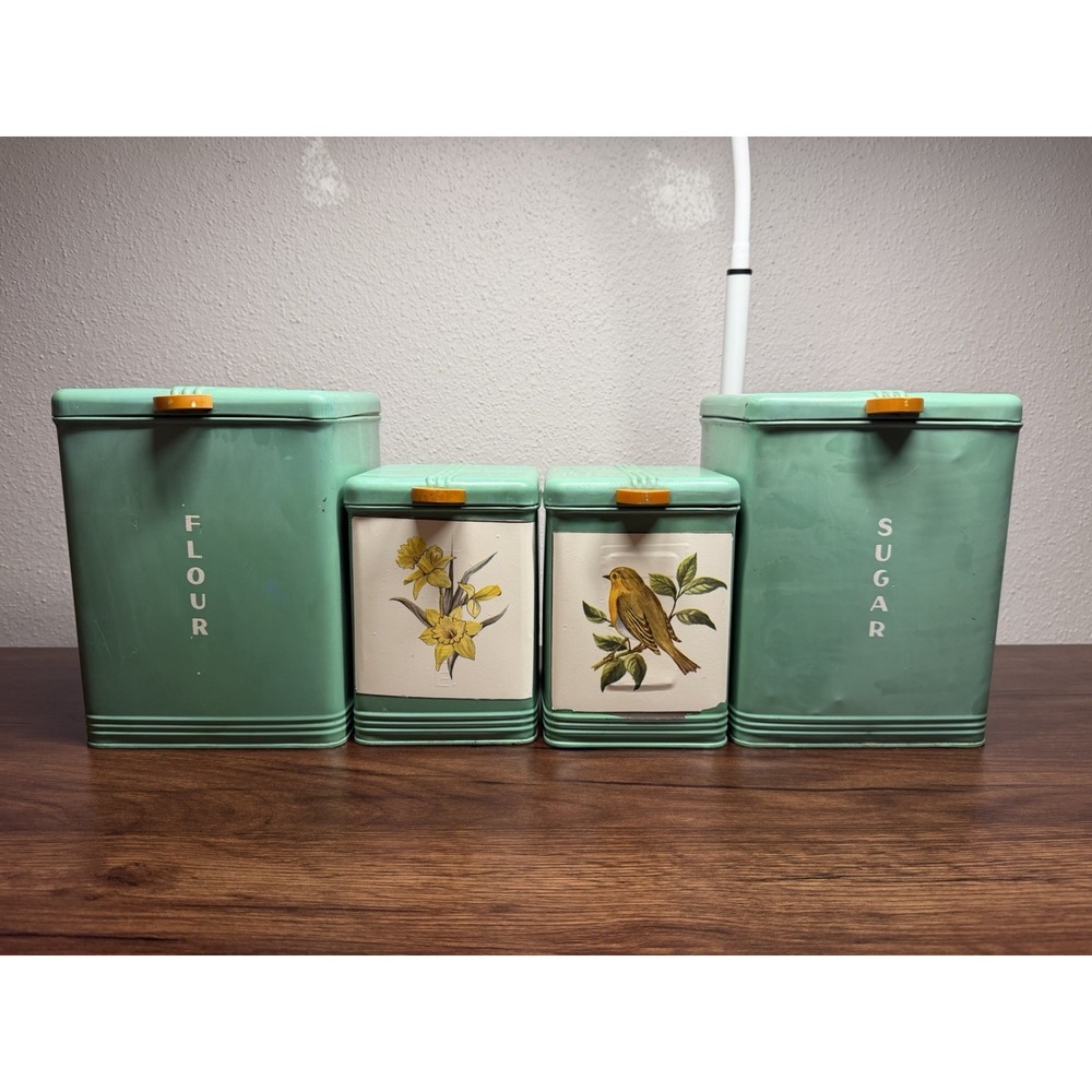 Vintage Green Metal Canister Set 4pc Floral Robin Bird w/ Lids